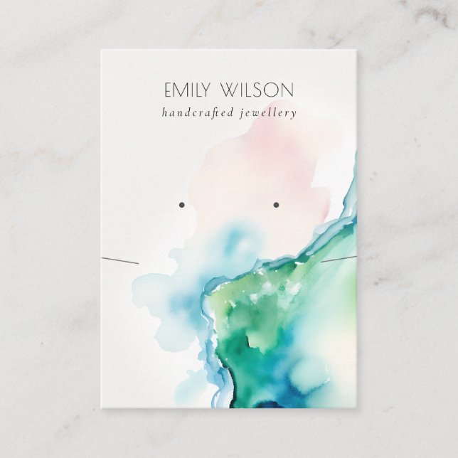 Blue Green Blush Watercolor Agate Necklace Earrin Business Card (Front)