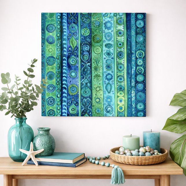 Blue Green Boho Stripe Watercolor Wall Art (Blue and green boho-inspired. wall art)