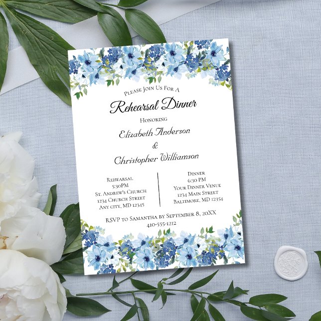 Blue Green Boho Watercolor Floral Rehearsal Dinner Invitation (Blue Watercolor Floral Wedding Rehearsal Dinner Invitation. Printed or Digital Instant download)