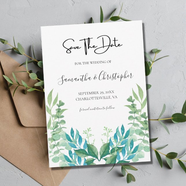 Blue Green Botanical Greenery Eucalyptus Leaves Save The Date (Creator Uploaded)