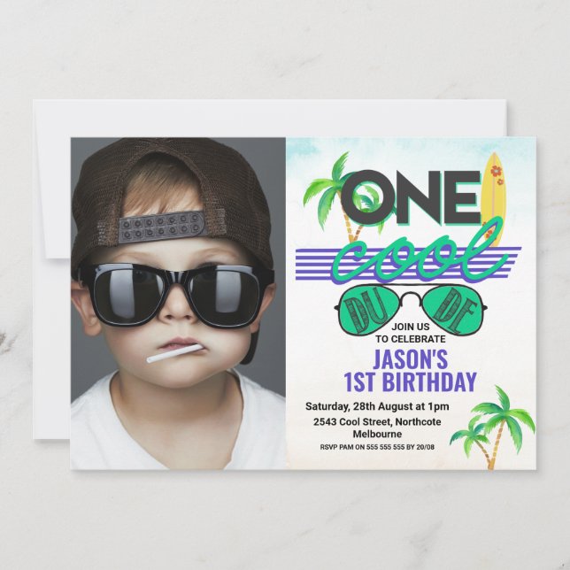 Blue Green Boys Cool Dude Photo 1st Birthday Invitation (Front)