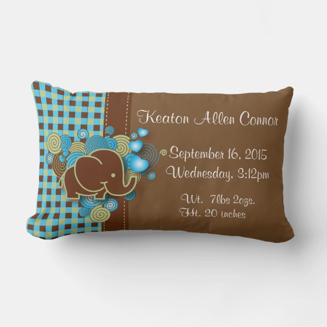 Blue, Green & Brown Plaid Baby Elephant Lumbar Cushion (Front)