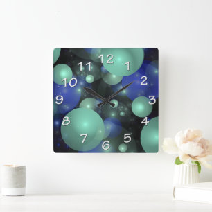 Blue & Green Bubbles Over Black Square Wall Clock