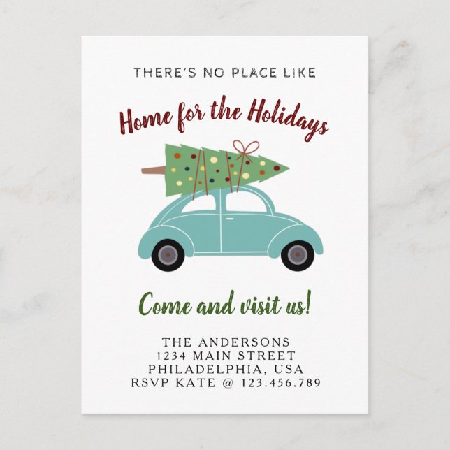 Blue Green Car with Christmas Tree Holiday Moving Announcement Postcard (Front)