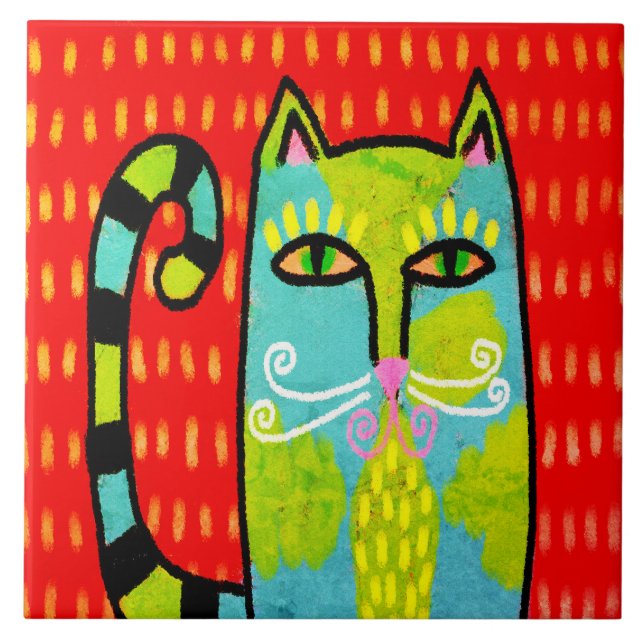 Blue Green Cat Abstract Digital Painting Tile (Front)