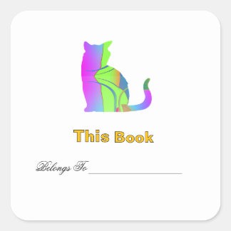 Blue Green Cat Design Bookplate Square Sticker