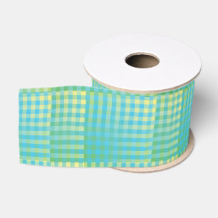 Blue Green Checker Abstract Pattern Grosgrain Ribbon