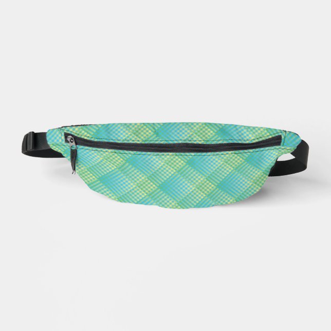 Blue Green Chequered Abstract Pattern Bum Bags (Front)
