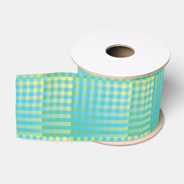 Blue Green Chequered Abstract Pattern Grosgrain Ribbon (Spool)