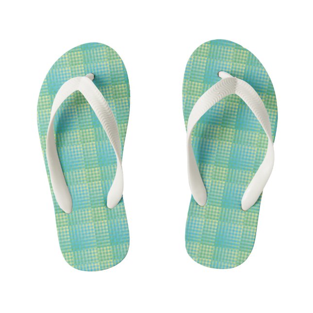 Blue Green Chequered Abstract Pattern Kid's Jandals (Footbed)