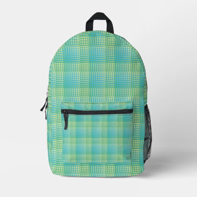 Blue Green Chequered Abstract Pattern Printed Backpack (Front)