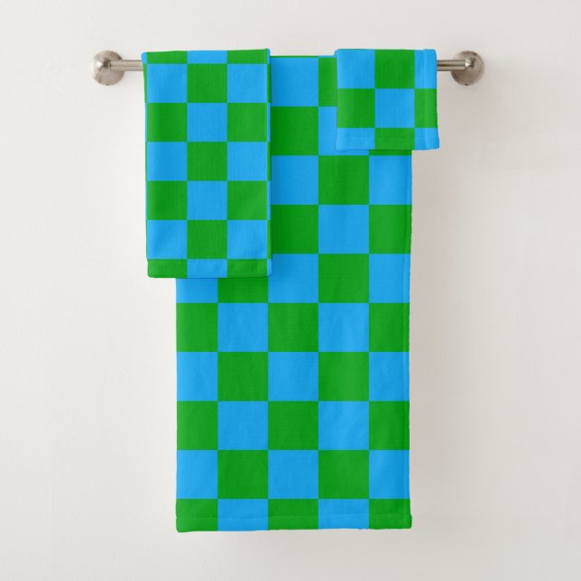 Blue Green Chequered Check Pattern Bath Towel Set (Insitu)