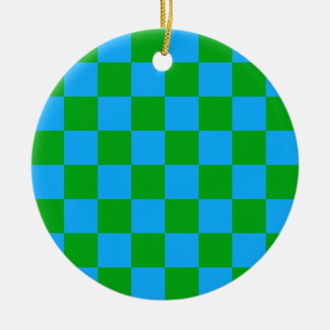 Blue Green Chequered Check Pattern Ceramic Tree Decoration (Front)
