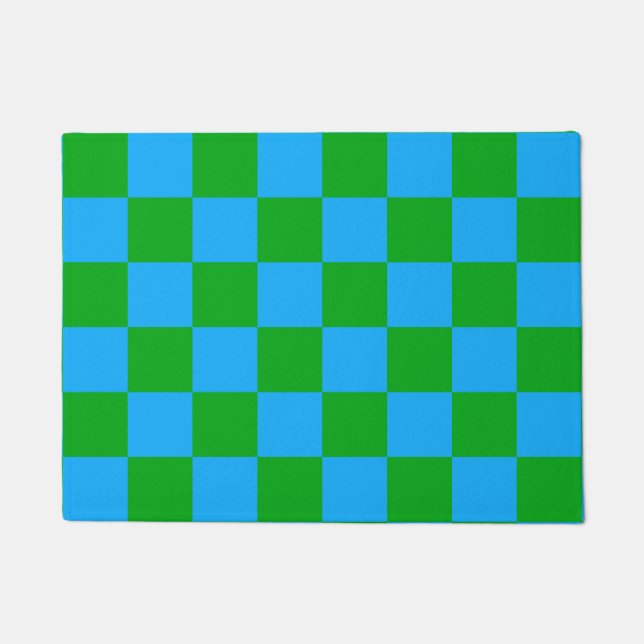 Blue Green Chequered Check Pattern Doormat (Front)