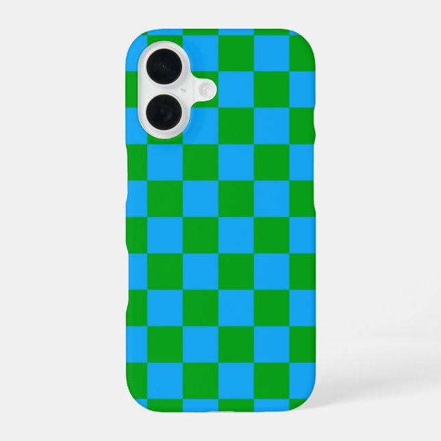 Blue Green Chequered Check Pattern iPhone 16 Case (Back)