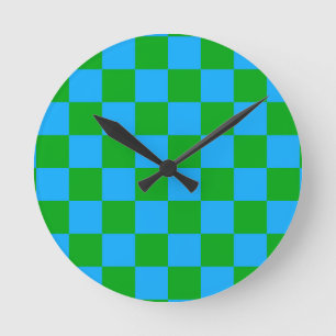 Blue Green Chequered Check Pattern Round Clock