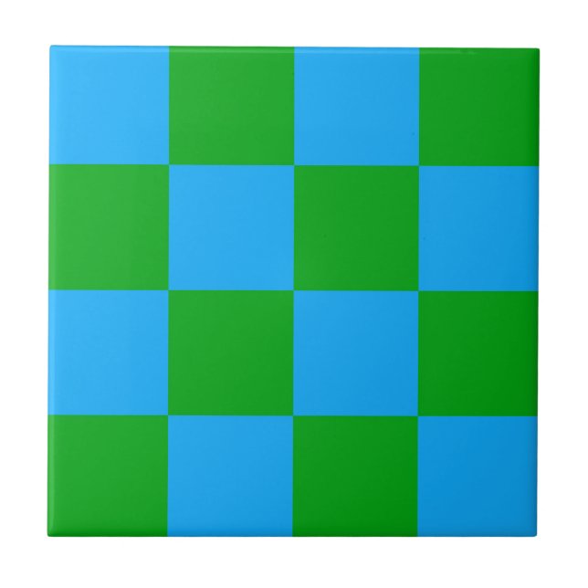 Blue Green Chequered Check Pattern Tile (Front)