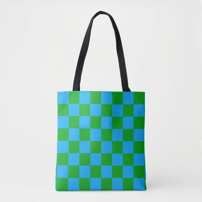 Blue Green Chequered Check Pattern Tote Bag (Front)