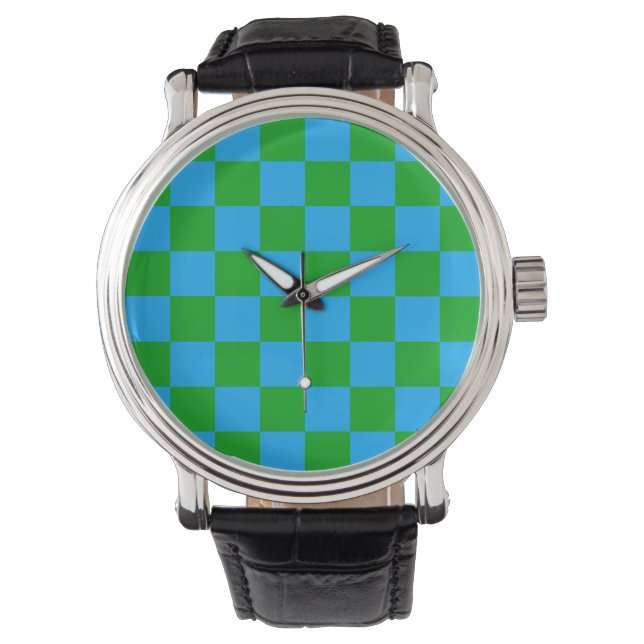 Blue Green Chequered Check Pattern Watch (Front)