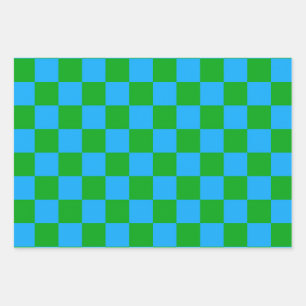 Blue Green Chequered Check Pattern Wrapping Paper Sheet