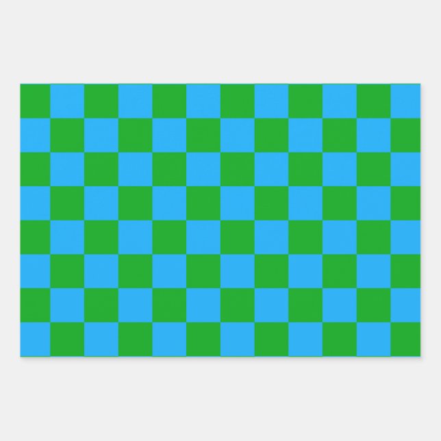 Blue Green Chequered Check Pattern Wrapping Paper Sheet (Front)