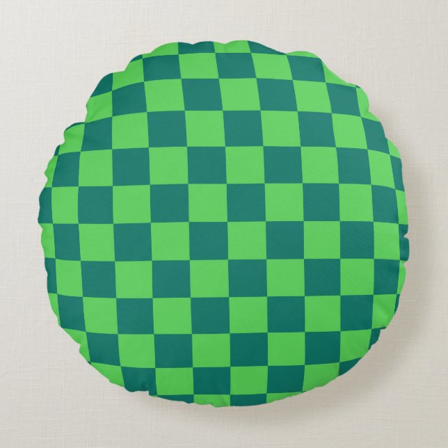 Blue Green Chequered Gingham Pattern Round Cushion (Front)