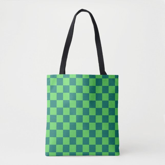 Blue Green Chequered Gingham Pattern Tote Bag (Front)
