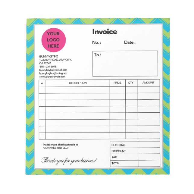 Blue Green Chevron Company Business Shop Invoice Notepad (Front)