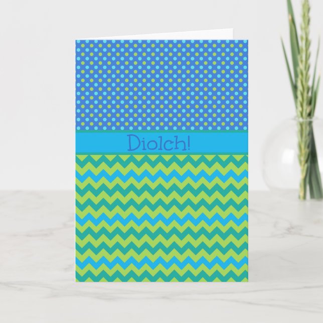 Blue Green Chevrons Thank You Card: Welsh Greeting (Front)