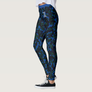 Blue-Green Chic Camouflage Pattern Custom Monogram Leggings