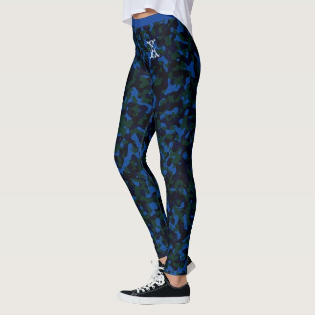 Blue-Green Chic Camouflage Pattern Custom Monogram Leggings (Left)