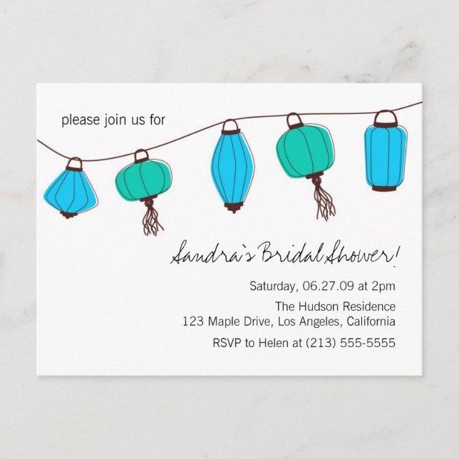Blue Green Chinese Lantern Post Card Invitations (Front)