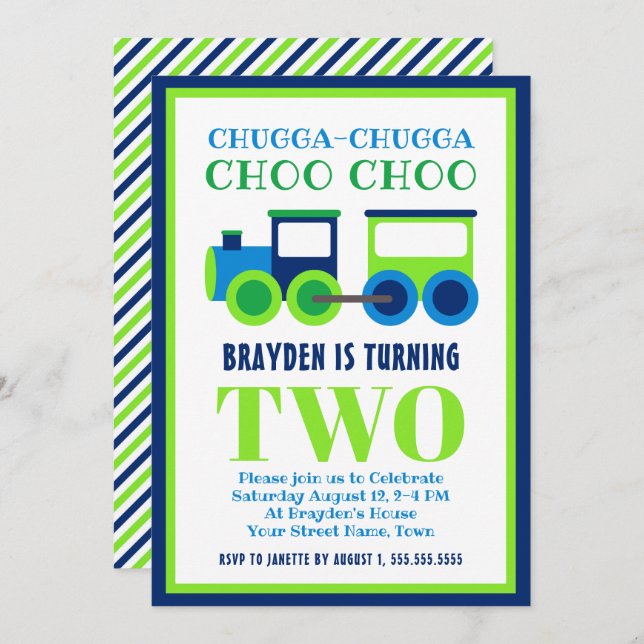 Blue Green Choo Choo Train 2nd Birthday Party Invitation (Front/Back)