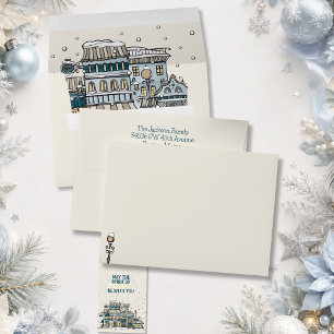 Blue Green Christmas Card Matching Snowy Town Envelope