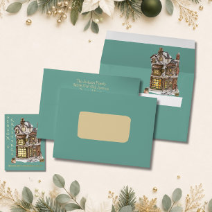 Blue Green Christmas Card Matching Vintage Shop Envelope