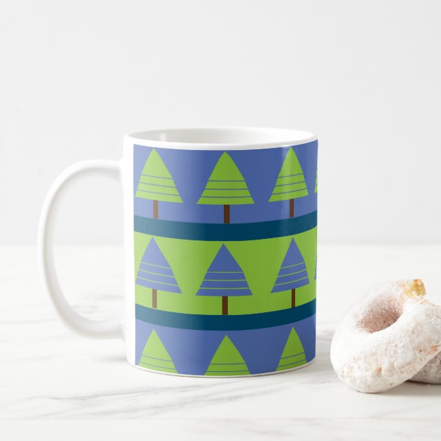 Blue Green Christmas Tree Geometric Coffee Mug (With Donut)