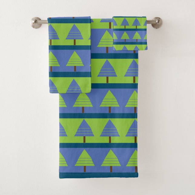 Blue Green Christmas Tree Pattern  Bath Towel Set (Insitu)