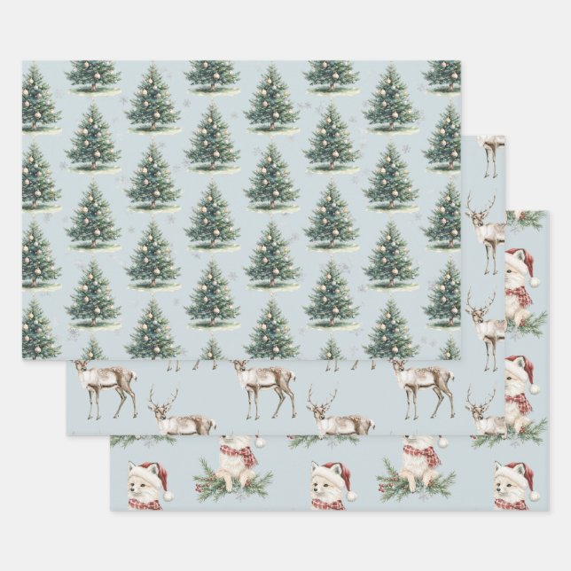 Blue Green Christmas Trees Deer Fox Wrapping Paper Sheet (Set)