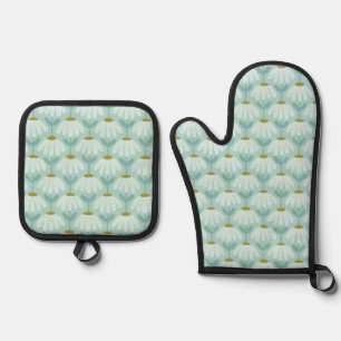 Blue & Green Climbing Daisies Floral Pattern Oven Mitt & Pot Holder Set