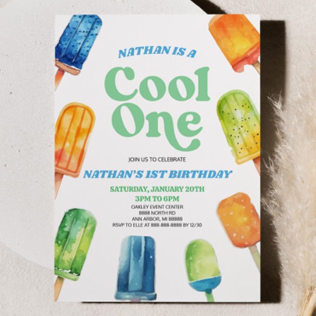 Blue Green Cool One Popsicle 1st Birthday Party Invitation (Creator Uploaded)