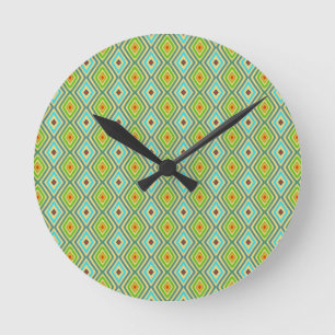 Blue Green Cool Tones Diamond Pattern  Round Clock