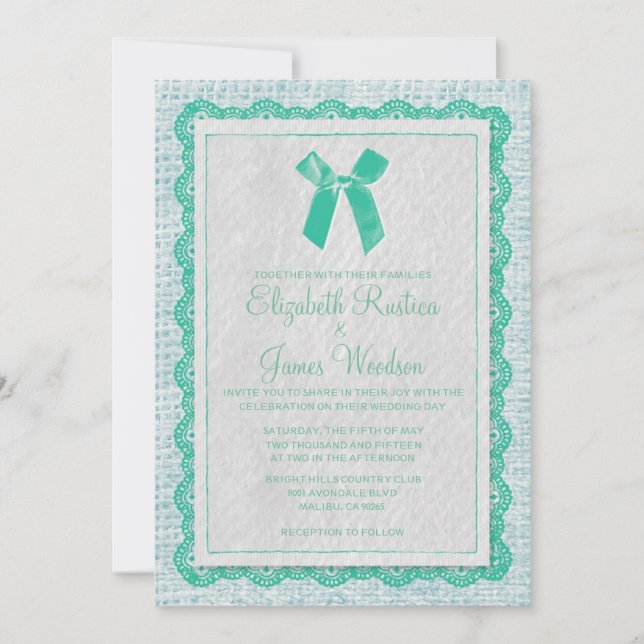 Blue & Green Country Burlap Wedding Invitations (Front)