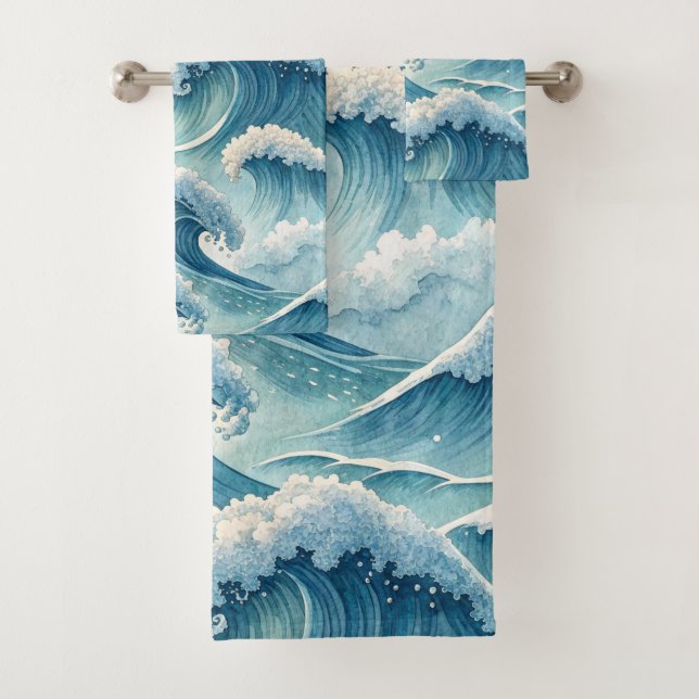 BLUE GREEN CRASHING OCEAN WAVES BATH TOWEL SET (Insitu)