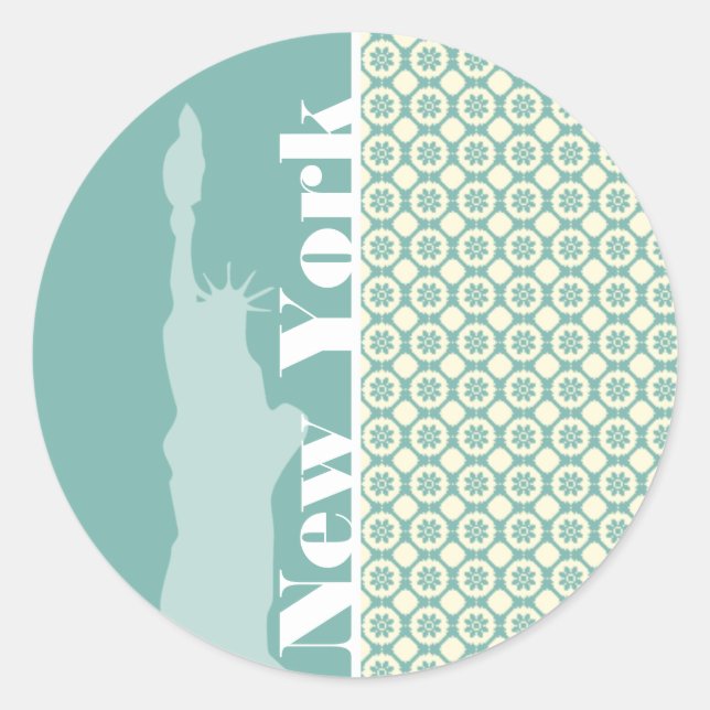 Blue-Green & Cream Floral; New York Classic Round Sticker (Front)