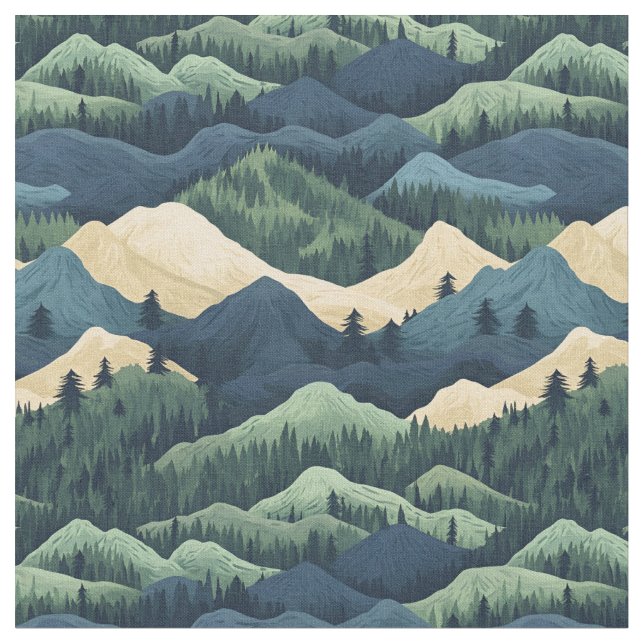 Blue / Green / Cream Trees & Mountains Fabric (Close Up)