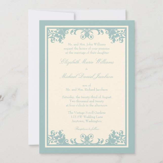 Blue Green Cream Vintage Flourish Scroll Wedding Invitation (Front)
