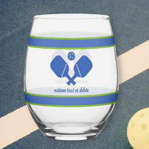 Blue Green  Custom Text Personalised Pickleball  Stemless Wine Glass