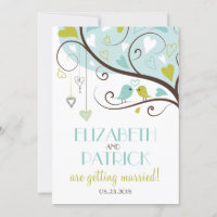 Blue & Green | Cute Lovebirds Wedding Invitation