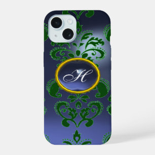 BLUE GREEN DAMASK GEMSTONE MONOGRAM Floral iPhone 15 Case