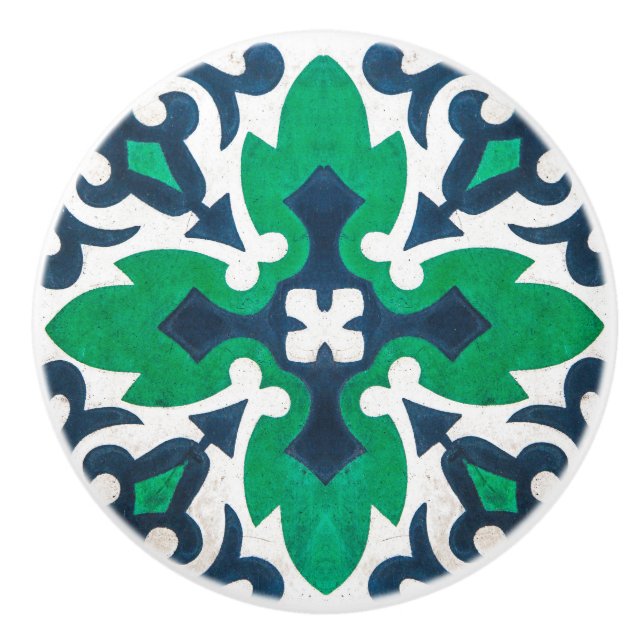 Blue Green Damask Ornamental Cabinet Ceramic Knob (Front)